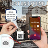 A hand holds a keychain tag with a QR code and a smartphone displaying contact information for Bella