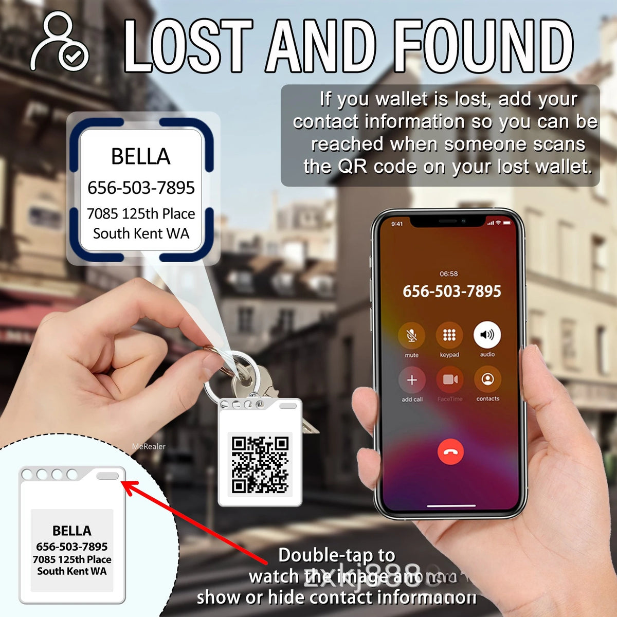 A hand holds a keychain tag with a QR code and a smartphone displaying contact information for Bella