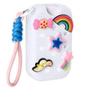 White EVA protective case for hand sanitizer spray with a rainbow charm keyring