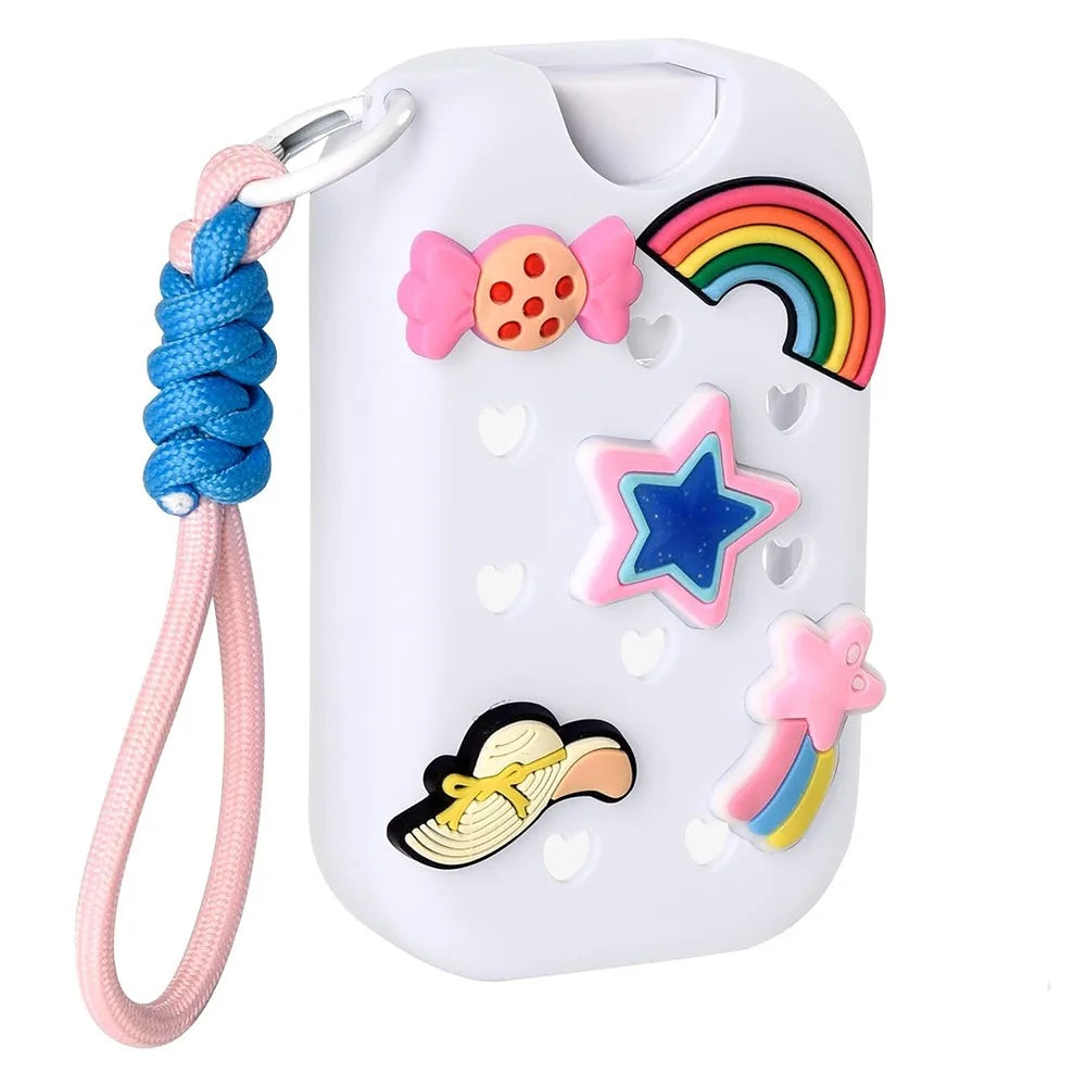 White EVA protective case for hand sanitizer spray with a rainbow charm keyring