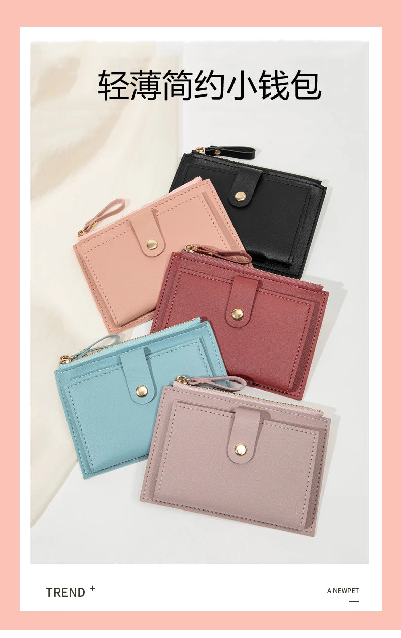 A collection of five ultra-thin PU leather card holder wallets in various shades of pink and blue.