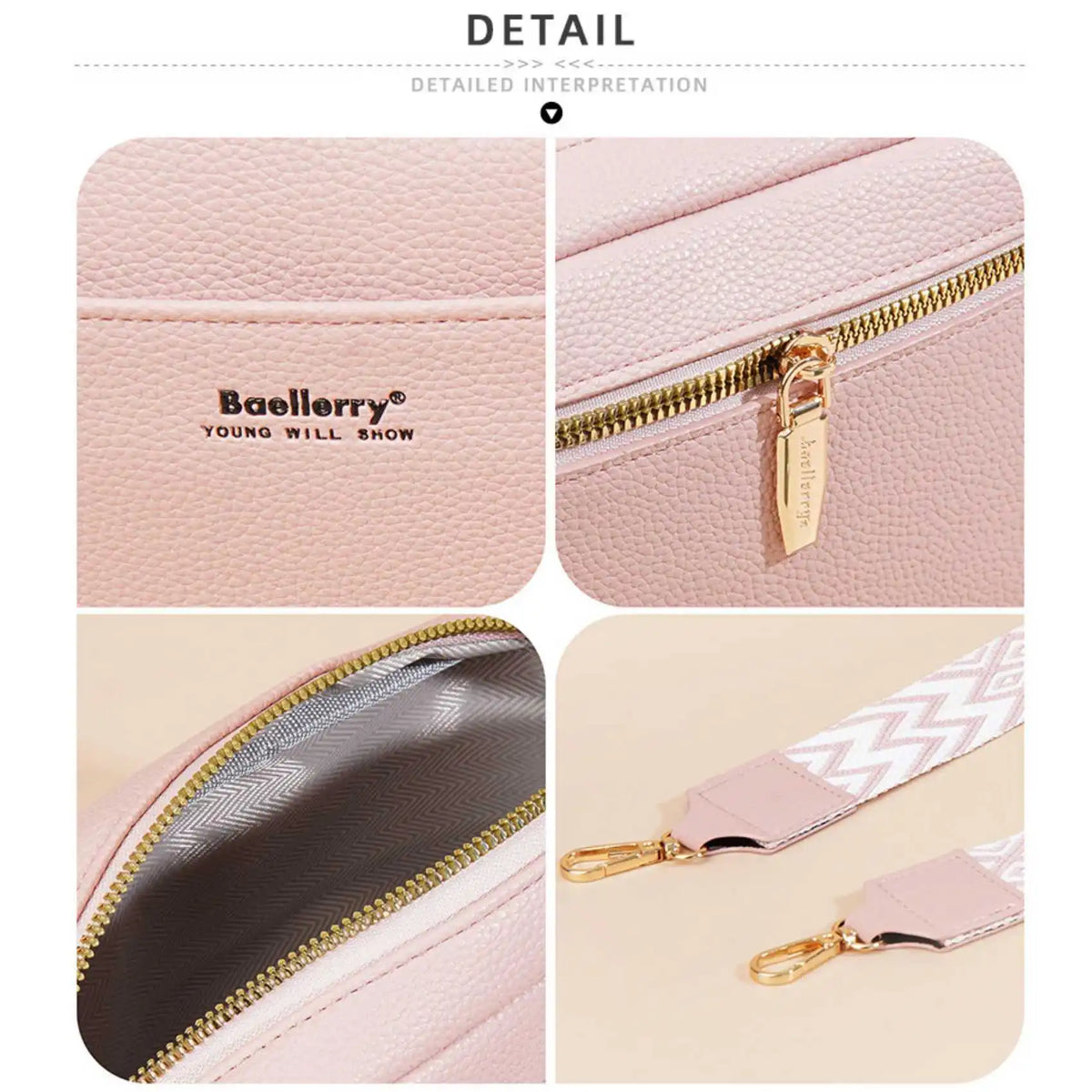 A pink Baellerry zipper shoulder bag with gold hardware and a patterned fabric detail.