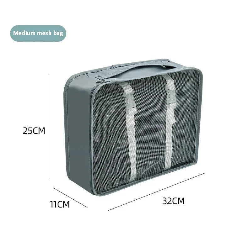 A medium gray mesh bag for fabric storage, shown with dimensions of 25cm by 32cm and a thickness of 11cm.