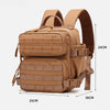 A tan tactical MOLLE backpack shown from the top, featuring multiple compartments and straps.