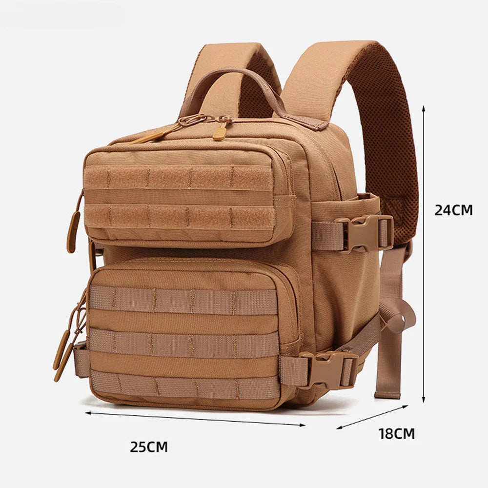 A tan tactical MOLLE backpack shown from the top, featuring multiple compartments and straps.