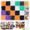 A kit containing various colored polymer clay beads and stringing materials for making Halloween themed bracelets.