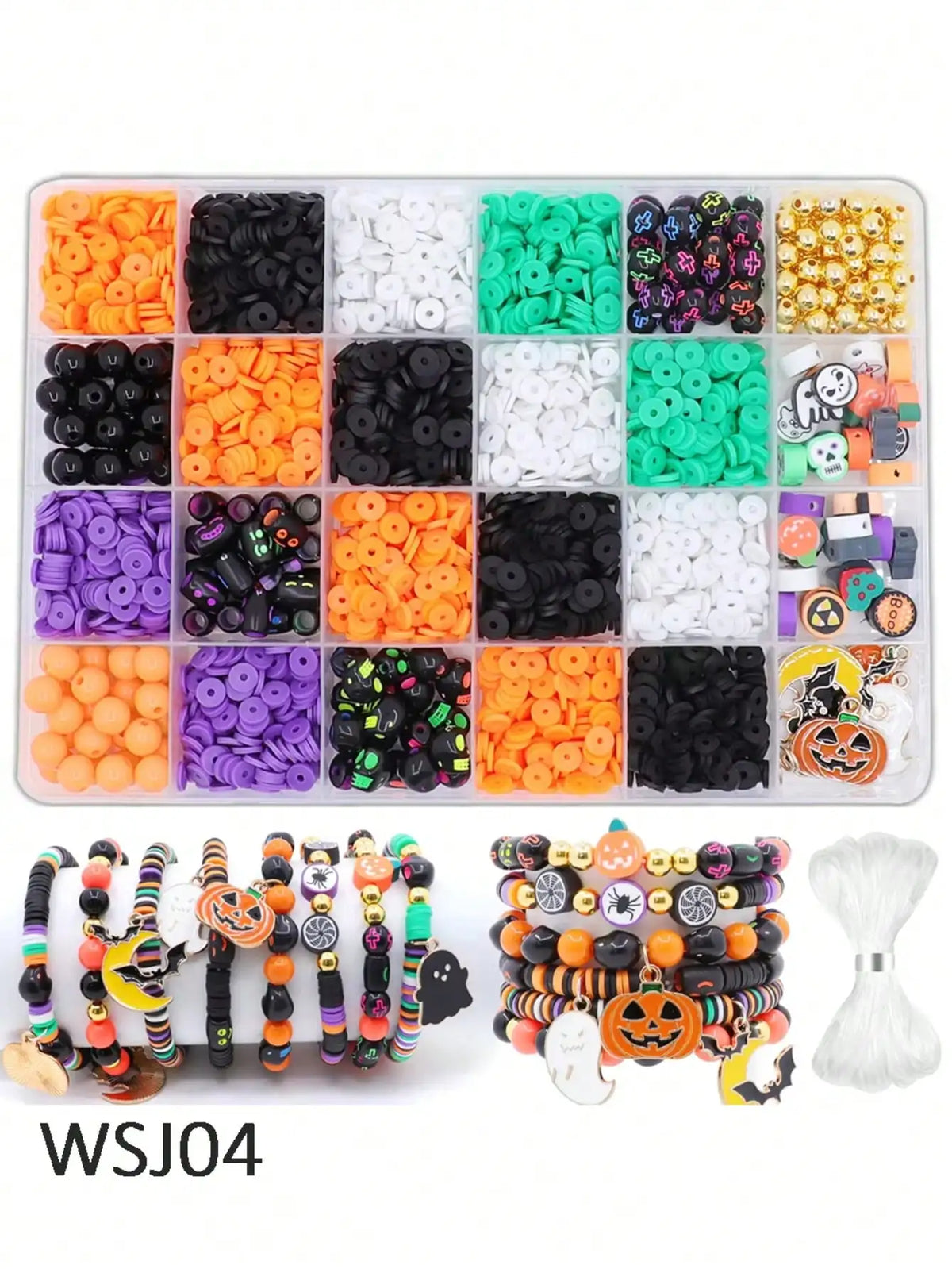 A kit containing various colored polymer clay beads and stringing materials for making Halloween themed bracelets.