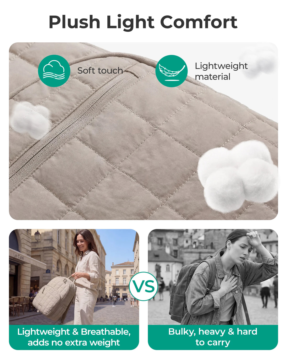 A beige plush light comfort laptop backpack shown with features like soft touch and lightweight material.