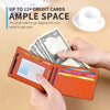 An orange bi-fold leather wallet is shown open, displaying cash and cards against a light background.