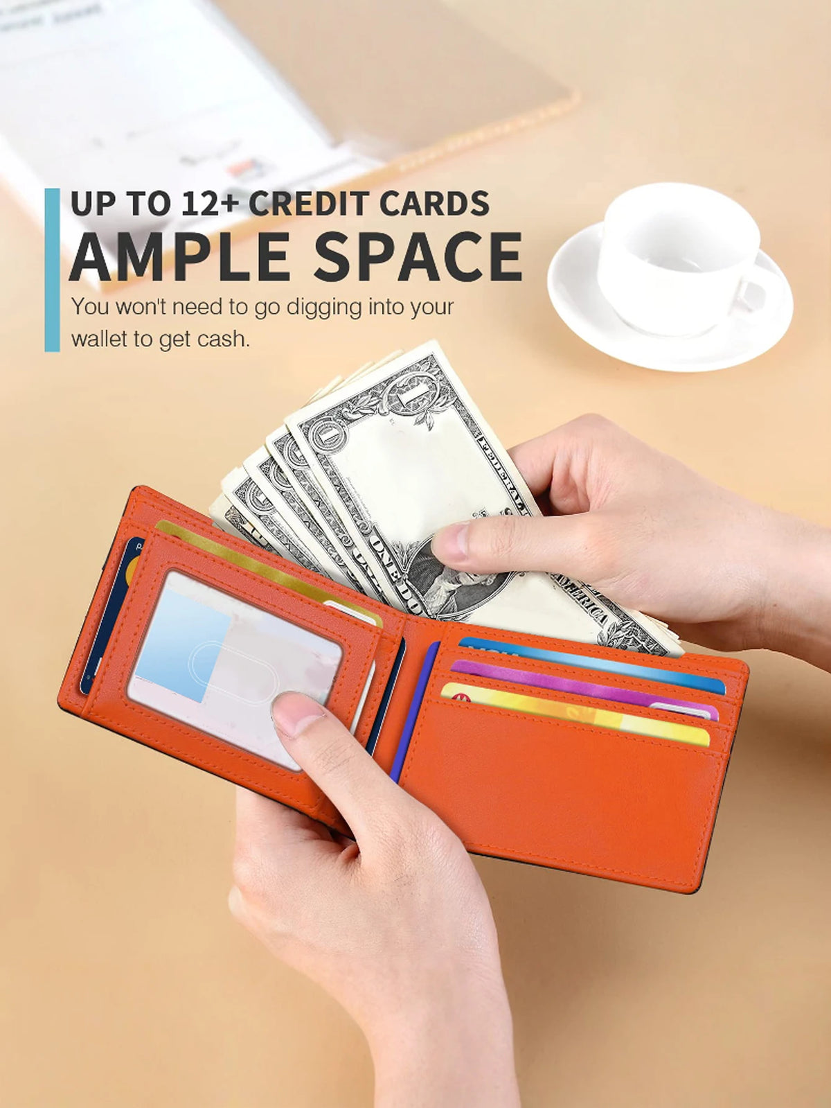 An orange bi-fold leather wallet is shown open, displaying cash and cards against a light background.