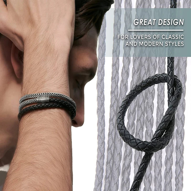 A close-up of a black braided leather cord used for jewelry making, shown next to a person's wrist.