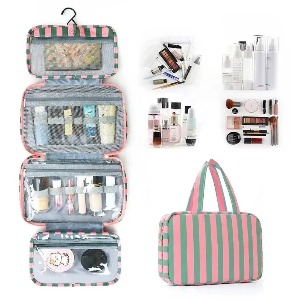Bolsa de tocador colgante de 4 pliegues a rayas rosa y verde con múltiples compartimentos y accesorios.