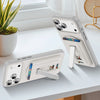 A white magnetic PU leather phone wallet with a card holder and stand is shown on a white table.