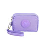 A small lavender nylon zipper pouch with a circular logo featuring a bird silhouette.