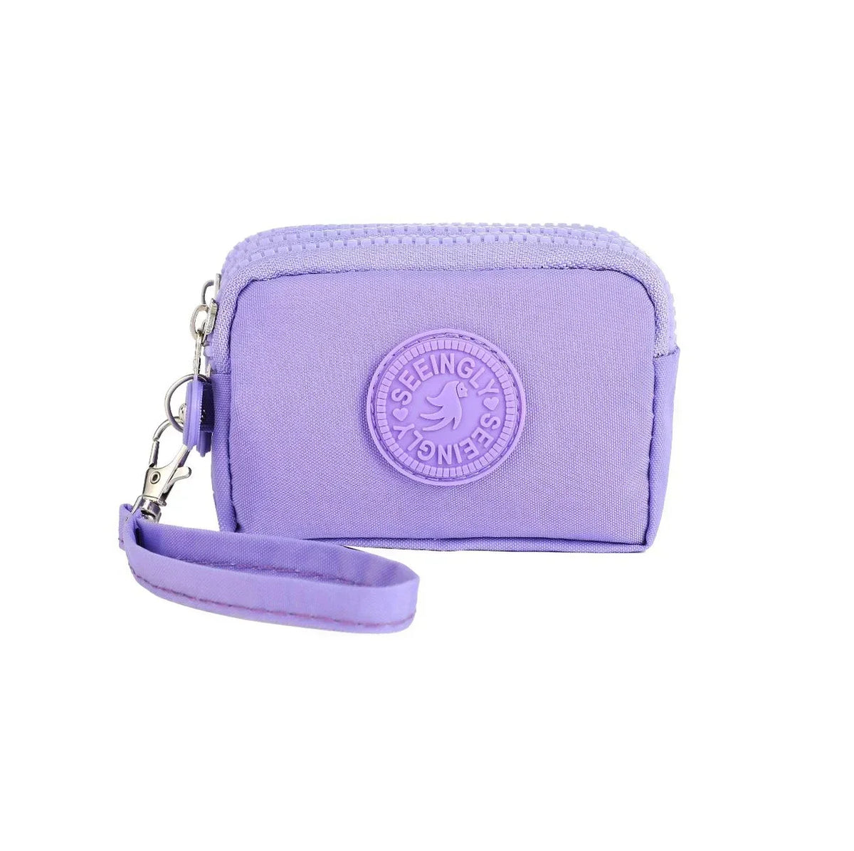 A small lavender nylon zipper pouch with a circular logo featuring a bird silhouette.
