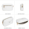 White chic zipper shoulder bag for phones shown in back, bottom, 45 degree, and cabinet displays.