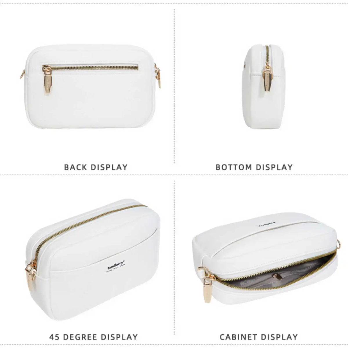 White chic zipper shoulder bag for phones shown in back, bottom, 45 degree, and cabinet displays.