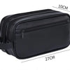 Black premium PU leather toiletry bag for men shown from the side with dimensions.