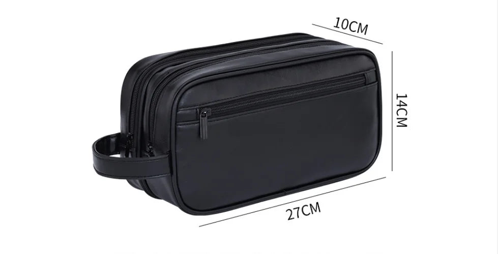 Black premium PU leather toiletry bag for men shown from the side with dimensions.