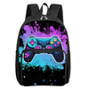 A black backpack featuring a vibrant purple and blue paint splatter design with a stylized video game controller graphic.