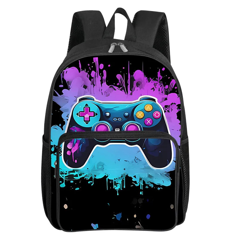 A black backpack featuring a vibrant purple and blue paint splatter design with a stylized video game controller graphic.