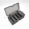 A gray large capacity fishing tackle box with an open lid showing multiple compartments.