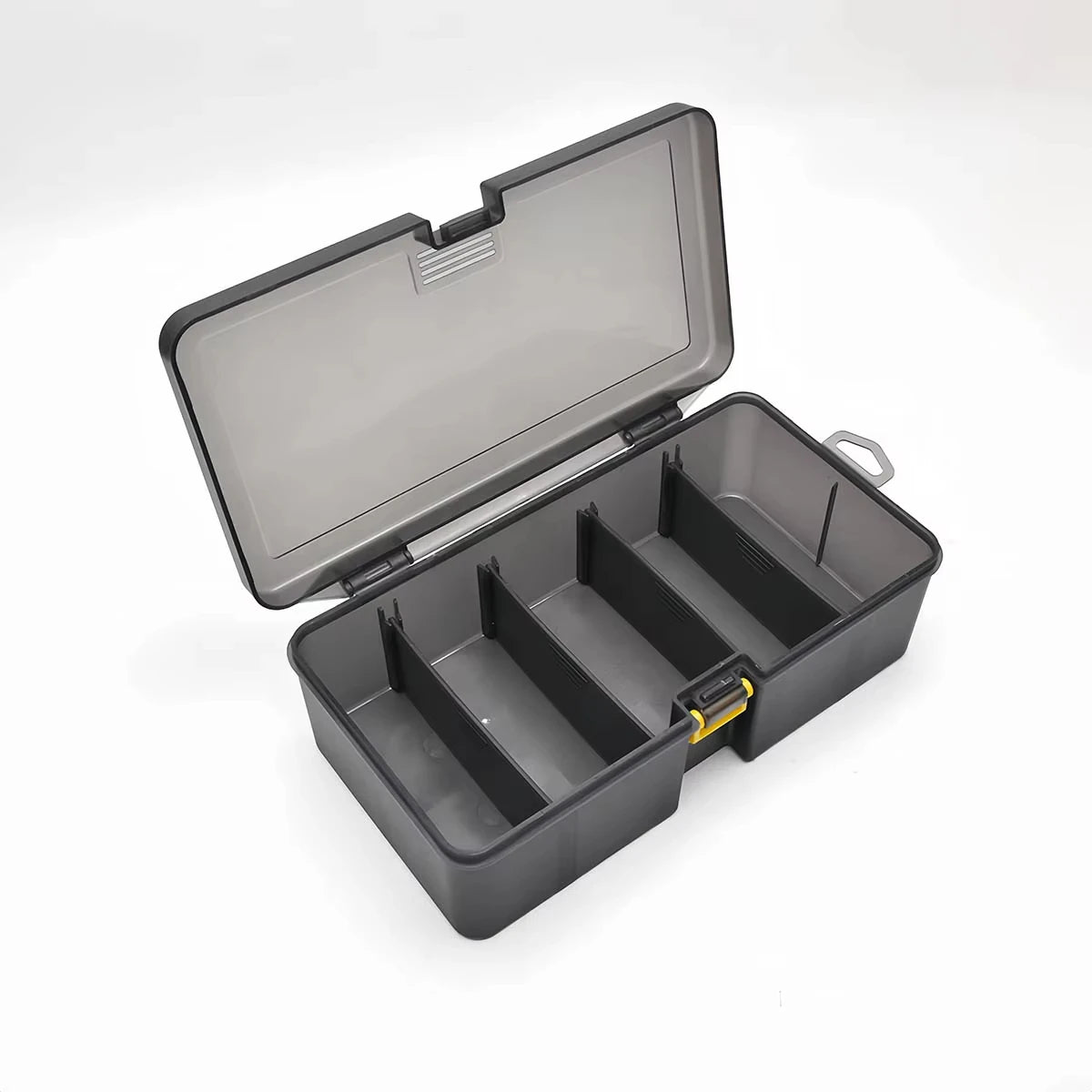 A gray large capacity fishing tackle box with an open lid showing multiple compartments.