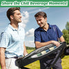 Two men smiling while holding an insulated golf bag beer cooler sleeve outdoors.