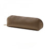 A rectangular, brown leather makeup and pencil pouch.