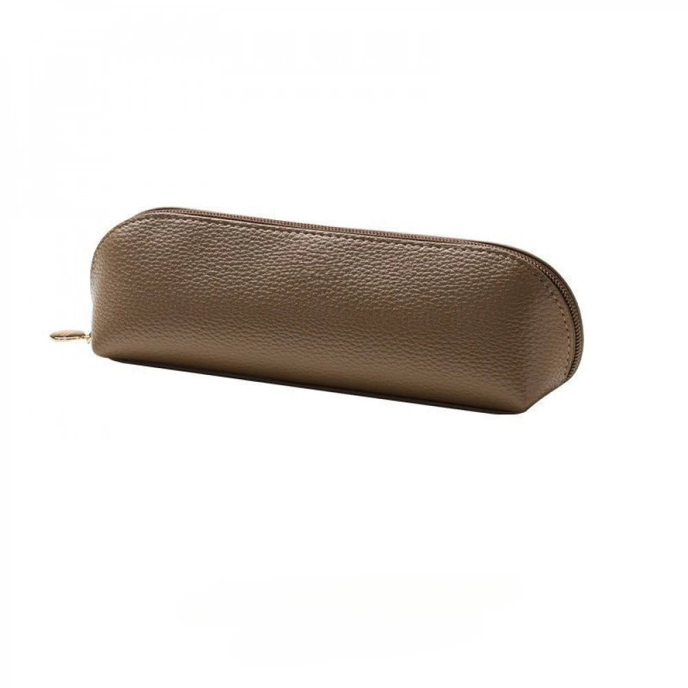 A rectangular, brown leather makeup and pencil pouch.