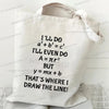 A white canvas tote bag with handwritten mathematical equations on it.