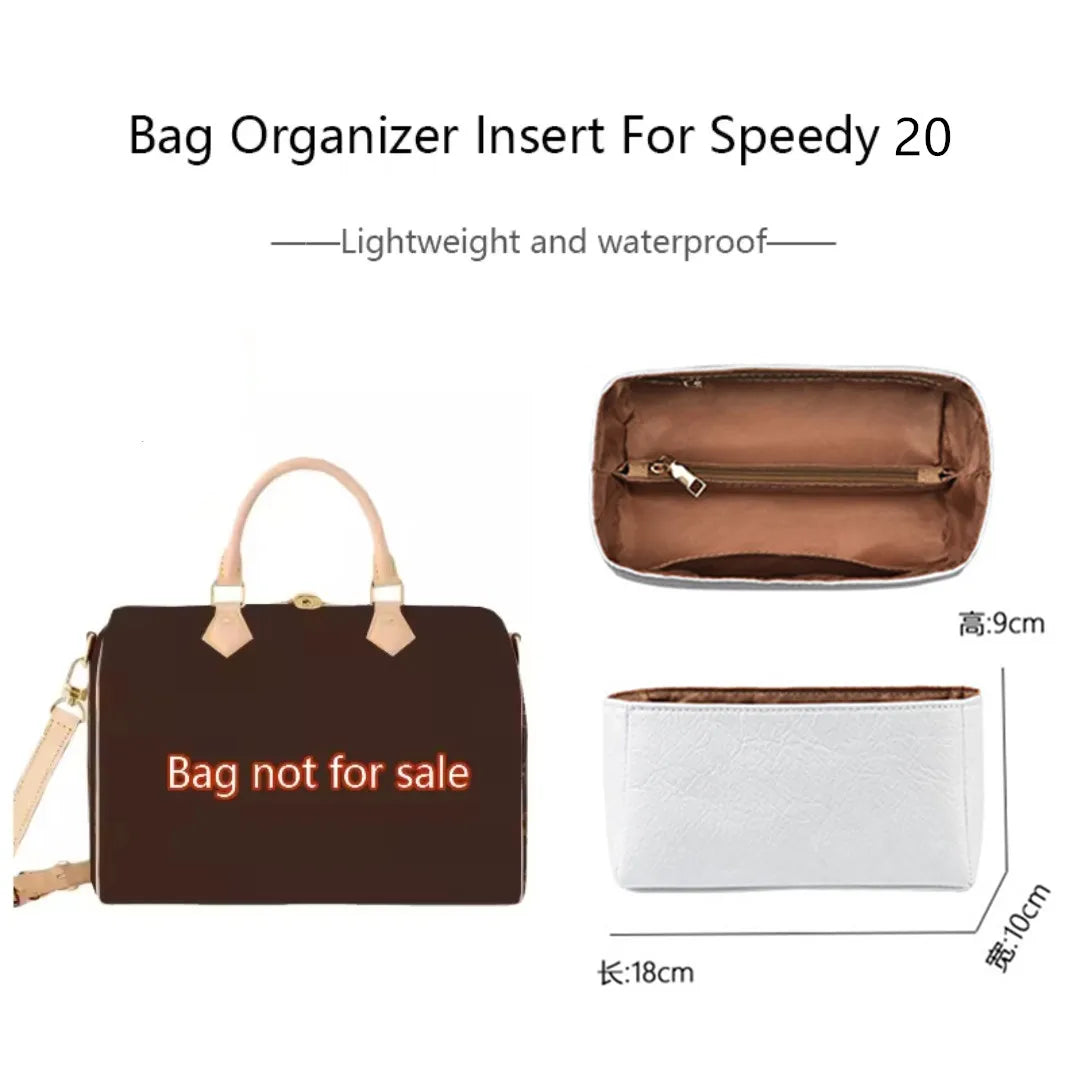 Bag organizer insert for Speedy 20 showing a brown leather bag and a white leather insert.