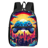 A black backpack featuring a colorful sunset and a large video game controller graphic on the front.