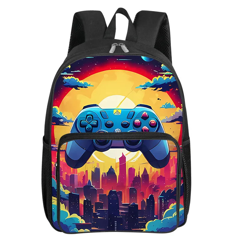 A black backpack featuring a colorful sunset and a large video game controller graphic on the front.