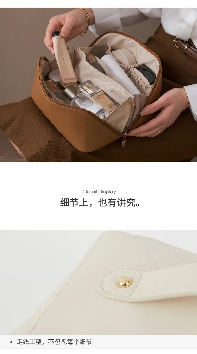A brown cosmetic storage bag is shown open, displaying various beauty products inside.