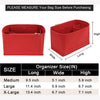 Red felt purse organizer inserts showing different sizes medium large and x-large with dimensions