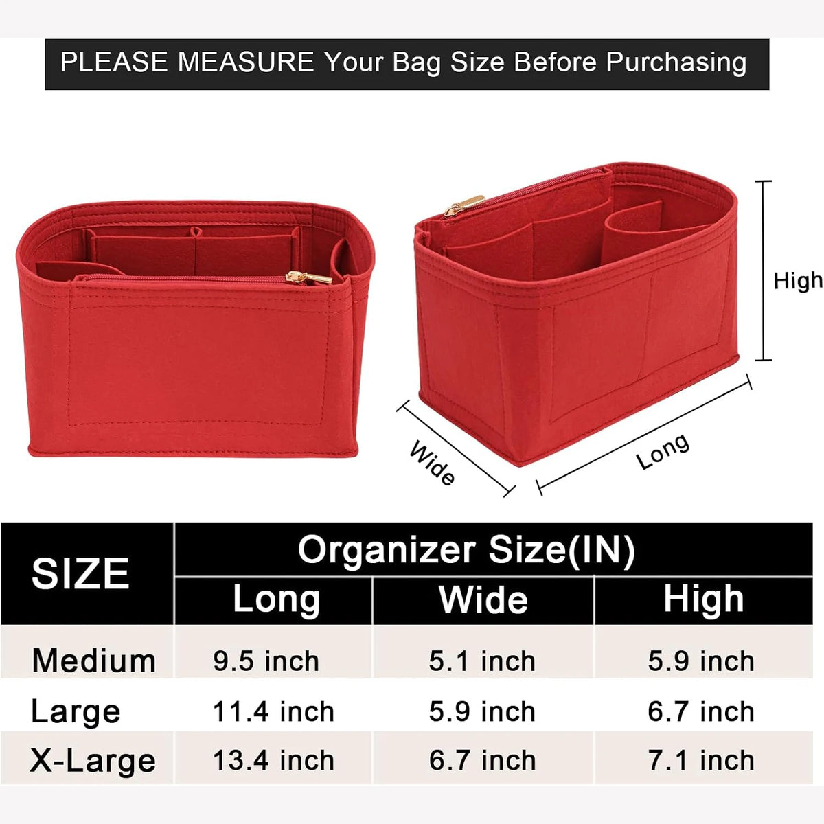 Red felt purse organizer inserts showing different sizes medium large and x-large with dimensions