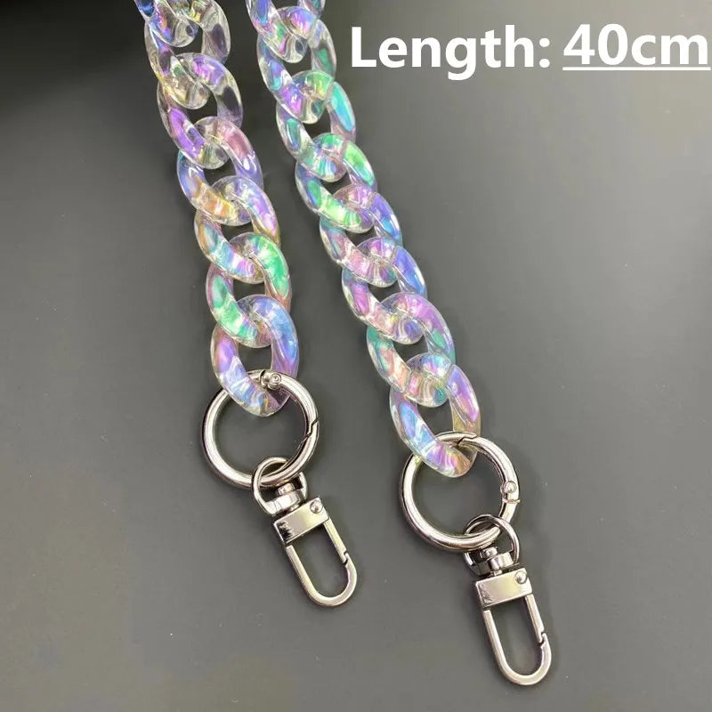 Iridescent acrylic chunky chain strap with silver clasps, measuring 40cm long.