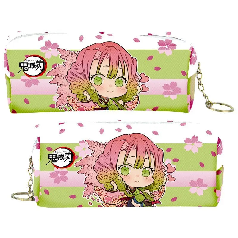 Pink and green patterned PU leather pencil case for Demon Slayer featuring a character design.
