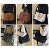 A set of four images showing a brown corduroy tote bag and a white canvas tote bag carried by a woman.
