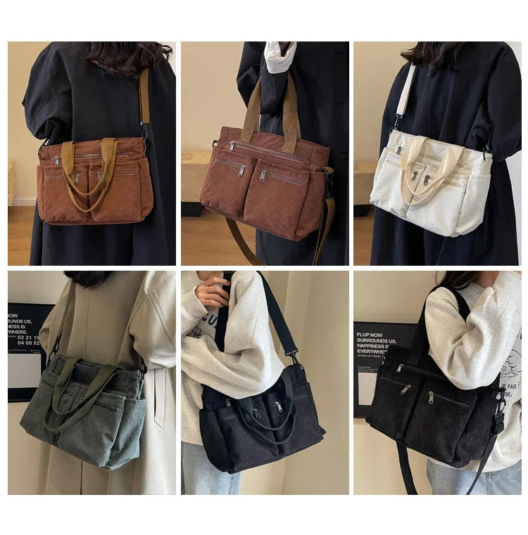 A set of four images showing a brown corduroy tote bag and a white canvas tote bag carried by a woman.