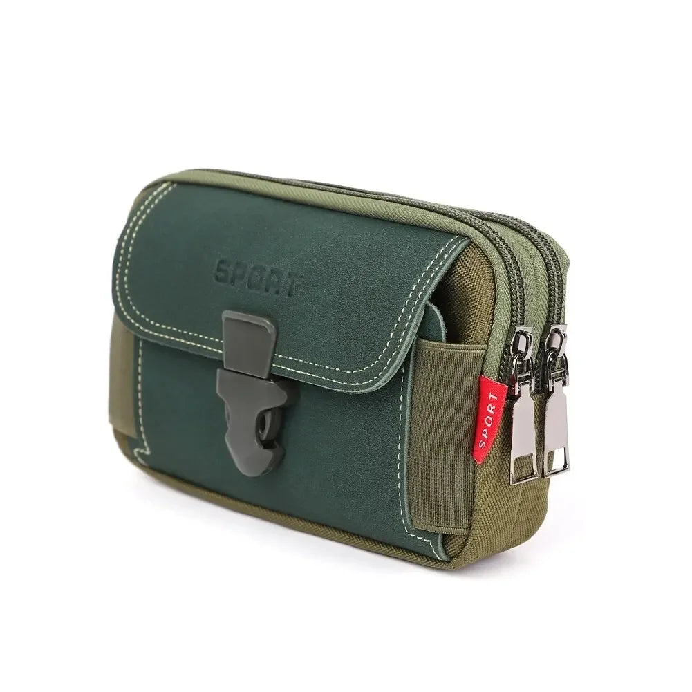 A dark green tactical belt pouch with a flap and metal hardware is shown on a white background.