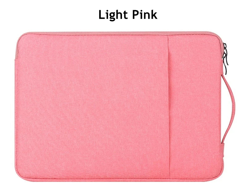 A light pink laptop sleeve designed for Apple and PC devices.