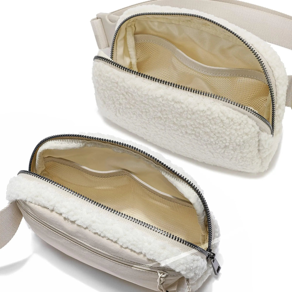 Ivory fleece crossbody belt bag with a zipper and soft white sherpa lining