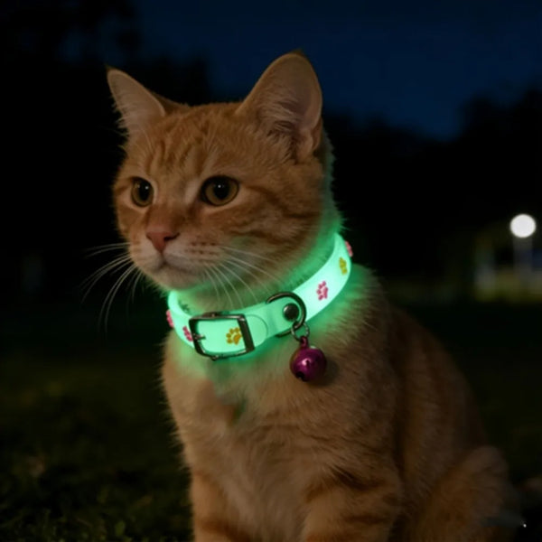 An orange tabby cat wearing a glowing green collar in a dark outdoor setting.