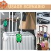 A green luggage tag is attached to a white rolling suitcase, demonstrating the usage scenario for anti-loss tags.