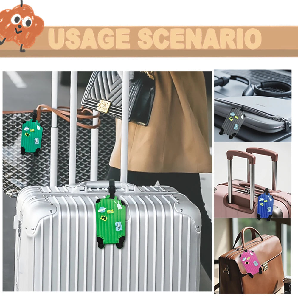 A green luggage tag is attached to a white rolling suitcase, demonstrating the usage scenario for anti-loss tags.