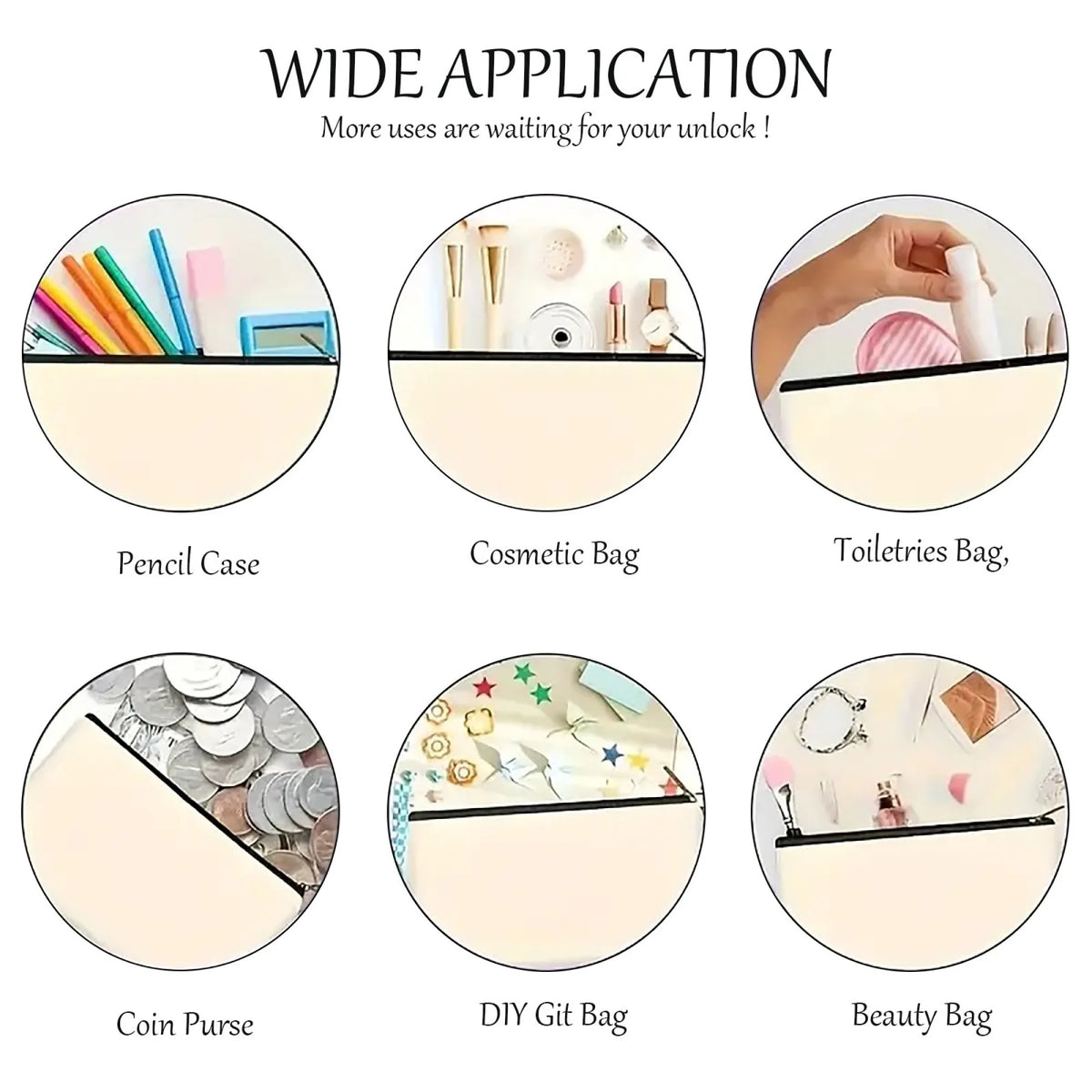 A collection of various bags and pouches including a pencil case, cosmetic bag, toiletries bag, coin purse, DIY gift bag, and