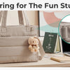 Beige, kastenförmige Tasche mit D-Ring-Funktion neben Laptop und Bürobedarf.
