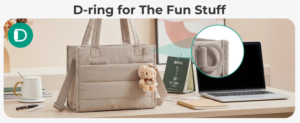 Beige, kastenförmige Tasche mit D-Ring-Funktion neben Laptop und Bürobedarf.